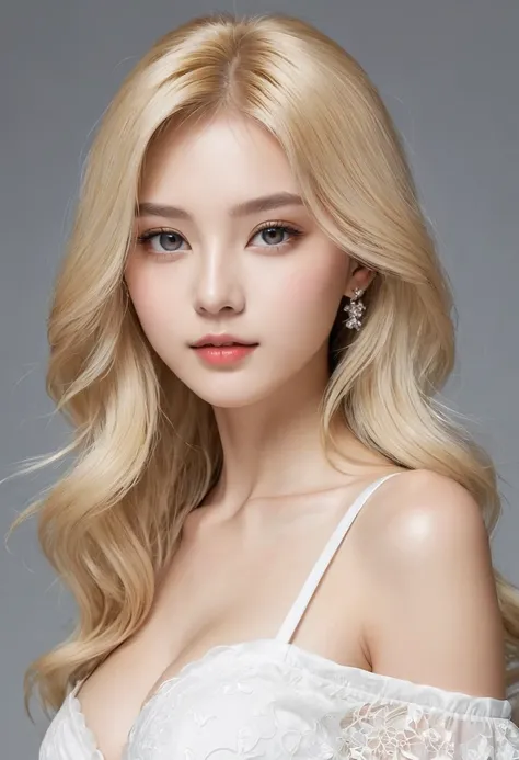 （（（European Caucasian Woman）））、（（（Mary, 18 years old）））、one person、（Thin contours、grey Eye）、（Thin contours）、（Big Breasts:1.5）、Narrow waist、（（（White and translucent skin:1.3）））、Beautiful, shiny blonde medium-long hair、8-head-tall model style、Waist-down angl...