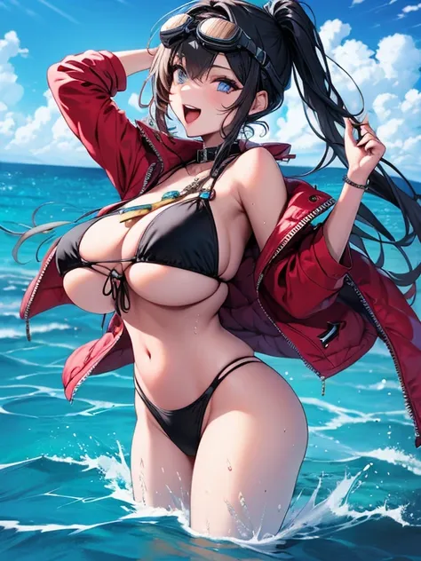 Highest quality,Highest Resolution,sexy,Swimwear,Very beautiful eyes,Big Breasts,whole body,goggles,Black Hair,In the water,no gravity