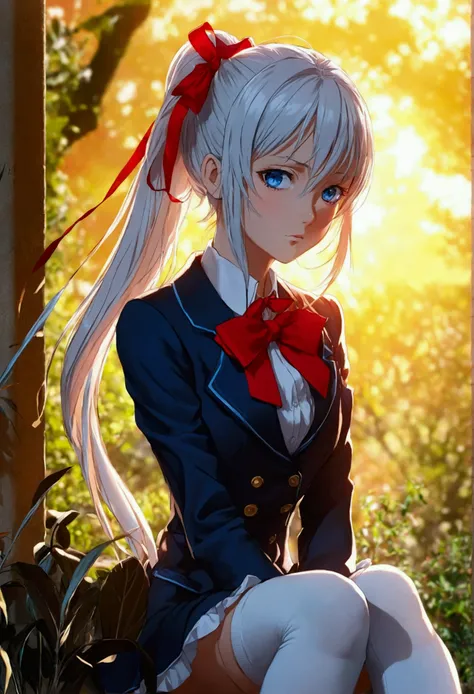 The anime girl has long, silver hair tied with a red ribbon, striking blue eyes, and a serious expression. She wears a light blazer over a dark vest or dress, a red bowtie, and white thigh-high socks, she appears thoughtful in the serene, light-filled sett...