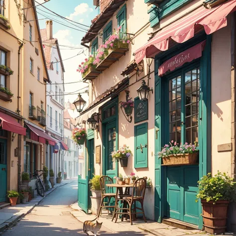 Create a whimsical watercolor illustration of a charming French café façade, featuring light aqua green tones with pink accents, viewed from the front. The scene should include a table and two chairs on the right and a pink bicycle with a basket of flowers...