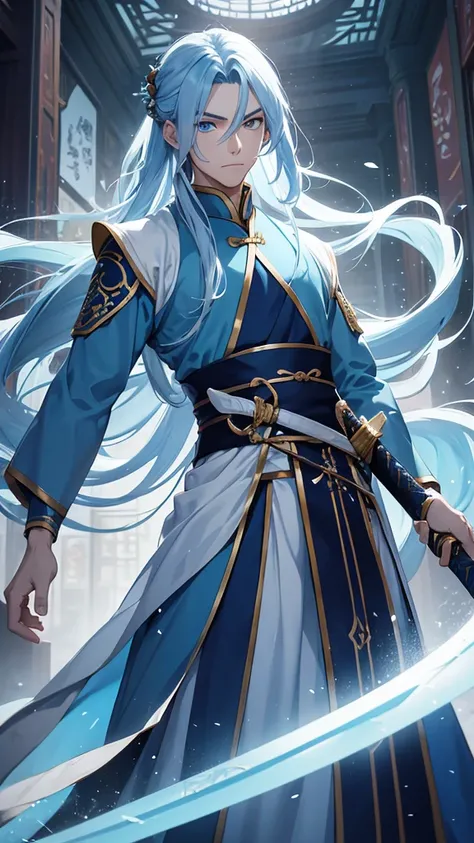 A young man, without a beard, long blue hair, Blue eyes, White skin, china, Hanfu, blue clothes, sword master