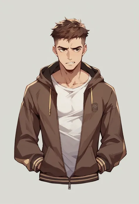 human male, brown fade hair style ,wearing zip 
 hoodie up , white shirt,