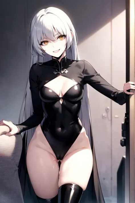 best quality, (masterpiece:1.2), detailed,Alice,smile with one&#39;s teeth exposed,gray hair, long hair, red eyes,  Huge, erect nipples , ((Pussy exposure)), (((Breast exposure))), (((Very slender waist))),
black latex dress, cleavage cutout,  thighs, thig...