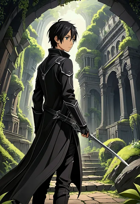 "mysterious art:

Create an illustration of Kirito exploring an unknown virtual world.., Full of mystery and discovery.".