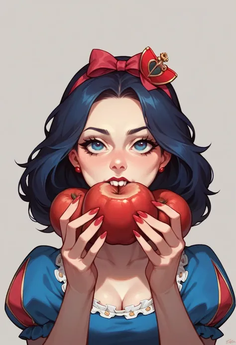 close up of Snow White taking a bite out of a poison apple.