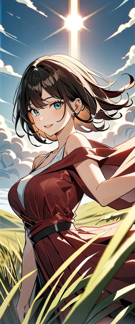 Photo of a woman with natural skin, grassland, Cowboy Shot, Dynamic pose, Smiling, High Twintails, Black hair with red mesh, Sharp eyes with red eyeshadow, Shining eyes, A thin, upturned nose, Well-shaped lips, ((Black off-the-shoulder dress, Thin shoulder...