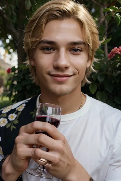 1 young man, alone, open eyes, Put on a watch, blonde hair, Hold a wine glass, realistic, flower garden background, smile, Long eyelashes, lips, black set, Portrait, Dark eyebrows