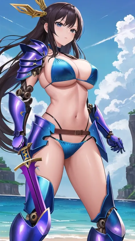 Cartoon character with sword, Art inspired by Masamune Shirow,  Armor Girl, Bikini Armor, Bikini Armor, Bikini Armor female knight, Bikini Armor, tits, Zodiac Knight Girl, biomechanical tits