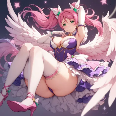 Magical girl, love live artstyle,long pink hair , piercing green eyes, her skin is fair and smooth, her breasts are large and firm, Her outfit consists of a skintight purple dress, white lace gloves, black knee-high stockings, and pink high heels. Her wing...