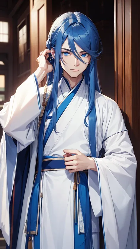 A young man, without a beard, long blue hair, Blue eyes, White skin, china, Hanfu, blue clothes, Hands in sleeves