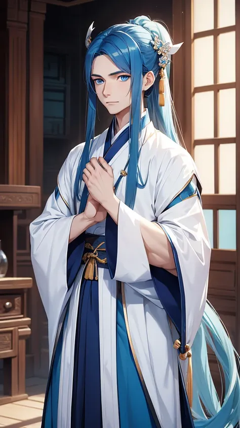 A young man, without a beard, long blue hair, Blue eyes, White skin, china, Hanfu, blue clothes, Hands in sleeves