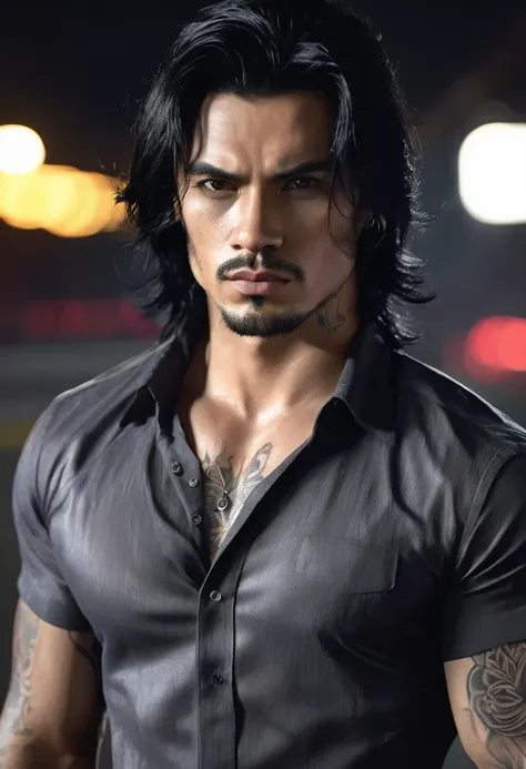 1 man, inside a clandestine race track, wearing a black shirt, detailed facial features, beautiful black and masculine eyes, detailed light skin, medium length black hair, strong expression, tattoos on the body, dramatic lighting, cinematic composition, co...