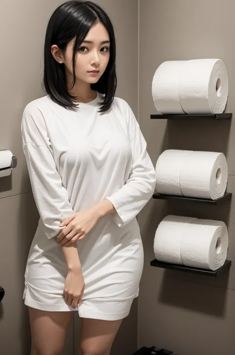 One with black hair, holding toilet paper 