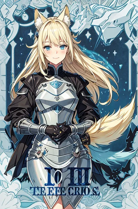 female, long blonde hair, light blue eyes, wolf ears and tail, cute smile, black leather armor, hillside, beautiful stary night sky
