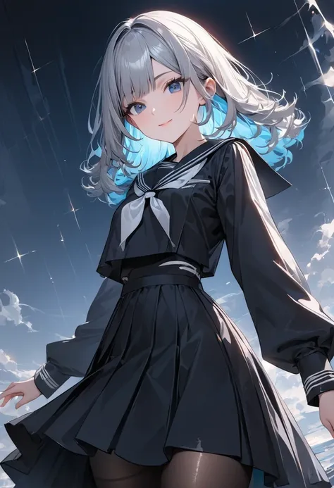 (((masterpiece:1.2, best quality, ultra detailed))),dynamic angle, cowboy shot, 1 girl, black sailor suit, long sleeves, black medium skirt, detailed pantyhose, standing, (delicate ash gray hair:1.1), light blue inner color hair, BREAK, flipped medium hair...