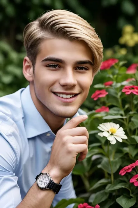 1 young man, alone, open eyes, Put on a watch, blonde hair, Hold a wine glass, realistic, flower garden background, smile, Long eyelashes, lips, black set, Portrait, Dark eyebrows