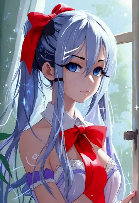 The anime girl has long, silver hair tied with a red ribbon, striking blue eyes, . , a red bowtie, and white thigh-high socks, she appears thoughtful in the serene, light-filled setting.with white baground 