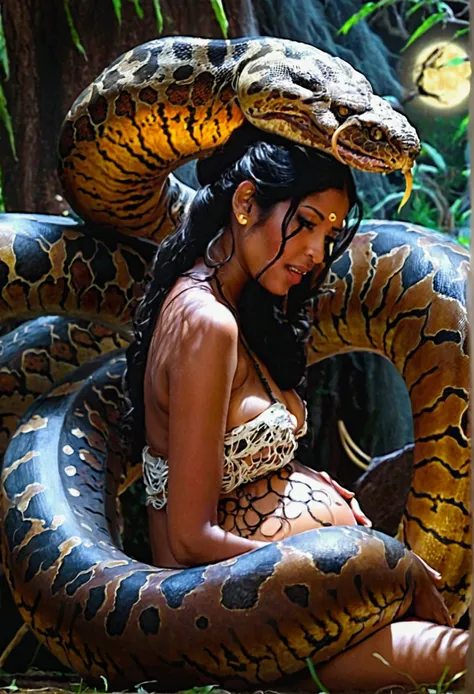 Pregnant Happy Horny, aroused 1girl), beautiful kneeling indian young teen girl  with  giant colossal Kaa monster squeezing her hard, wrapped in thick spiraling coils, constricted, struggle, gasping for air, snake attack, snake peril, moonless night, dim l...