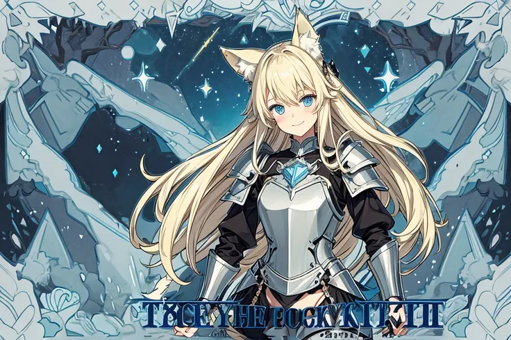 female, long blonde hair, light blue eyes, wolf ears and tail, cute smile, black leather armor, hillside, beautiful stary night sky
