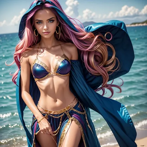 1 girl, (iridescent hair, colorful hair, half blue and half pink hair: 1.2), 17 years old, blue_sky, holding a magic wand, summer (season), petals_on_liquid, black cloak with hood, red and black torn dress, skirt: 1.2, (gold long curly hair: 1.5), sky, out...