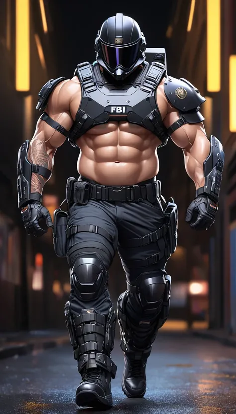 High-resolution anime digital art, Masterpiece, Man Big Body, Wearing FBI Uniform, wear Black Riot Helmet, muscular body, walking, Full Body, intricate, tactical gear, hyper detailed, sharp focus, physically-based rendering, (black background:1.1)