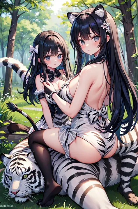 fine，epic，Excellent masterpiece，Face害羞，Face，Characteristic shyness，Fascinating facial expression，Royal sister，Big breasts，Black socks，Black Hair，hunter，Holding a bow and arrow，beautiful girl，forest，Dark，Riding on the back of a white tiger，
