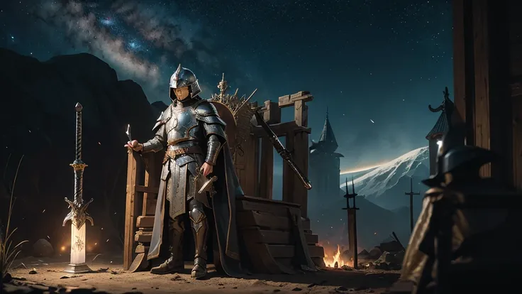 Boy in medieval armor, helmet, shield and a book in hand interconnected to the heavens, connection to a throne above, Galaxy, enemy ahead huge strong opponent with fire and hatred holding a sword, universe, might