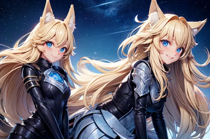 female, long blonde hair, light blue eyes, wolf ears and tail, cute smile, black leather armor, hillside, beautiful stary night sky