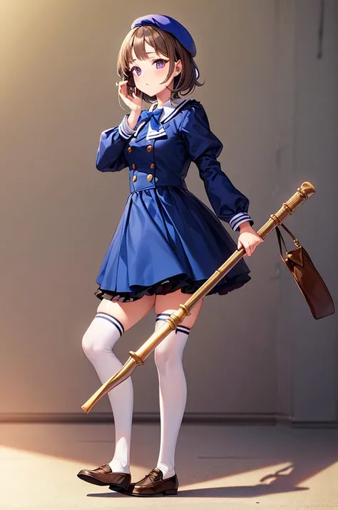 (iwanagadress:1.2), (Rock vine:0.9),(beret:1.8), Kotoko Iwanaga, One girl, beret, black bow, blue skirt, bow, Brown footwear, Cane, dress, hair bow, Have, Holding, Holding Cane, Juliet Sleeve, Light brown hair, Long sleeve, View your viewers, petticoat, Pu...