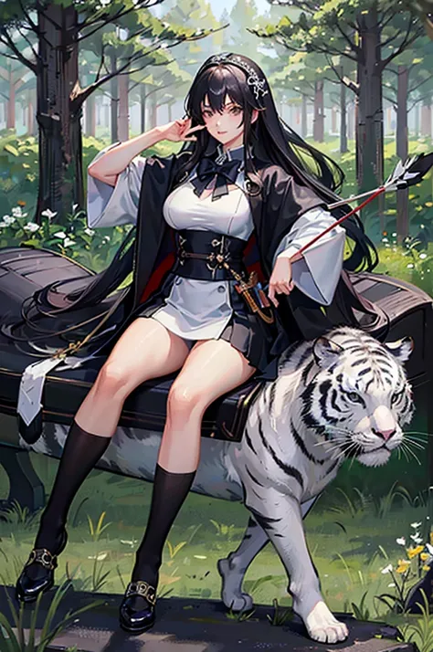 fine，epic，Excellent masterpiece，Face害羞，Face，Characteristic shyness，Fascinating facial expression，Royal sister，Big breasts，Black socks，Black Hair，hunter，Holding a bow and arrow，beautiful girl，forest，Dark，Riding on the back of a white tiger，
