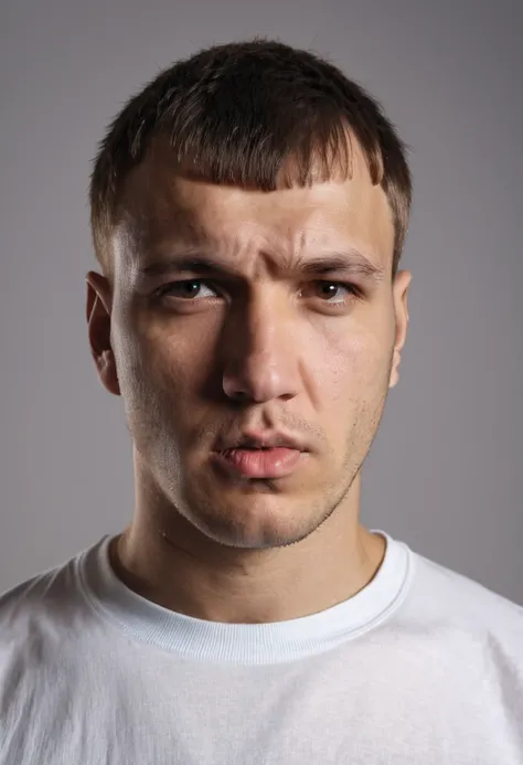 a serious-looking russian man with and caesar cut haircut, wearing a white t-shirt, closeup portrait, dramatic lighting, white background, gloomy, (best quality,8k,highres,masterpiece:1.2),ultra-detailed,(realistic,photorealistic,photo-realistic:1.37),HDR,...