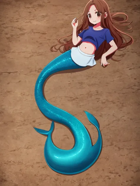 mermaid, shark tail, full body, midriff blur shirt,  beautiful perfect symmetrical face, beautiful cute teenager girl, full body...