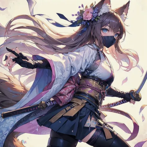  masterpiece, (textured skin), best quality, gorgeous beautiful girl, (a female 
cat ears,cat tail),ninja,detailed clothes,large breasts,narrow waist,, (beautiful face), cinematic lighting, (fantasy anime art ),