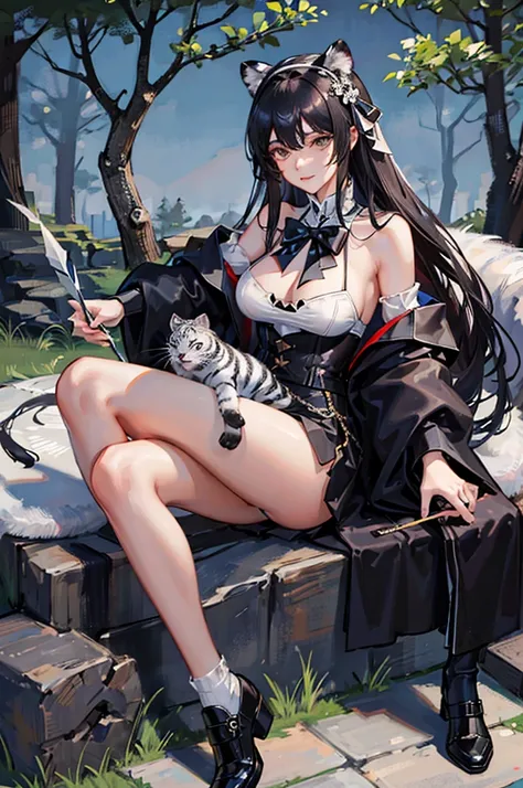 shy，Face，Characteristic shyness，Fascinating facial expression，Royal sister，Big breasts，Black socks，Black Hair，hunter，Holding a bow and arrow，beautiful girl，forest，Dark，Riding on the back of a white tiger，
