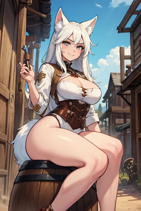 A white haired female cowgirl with copper eyes with an hourglass figure with white fox ears and a white fox tail is sitting on a barrel smile in a wild west town
