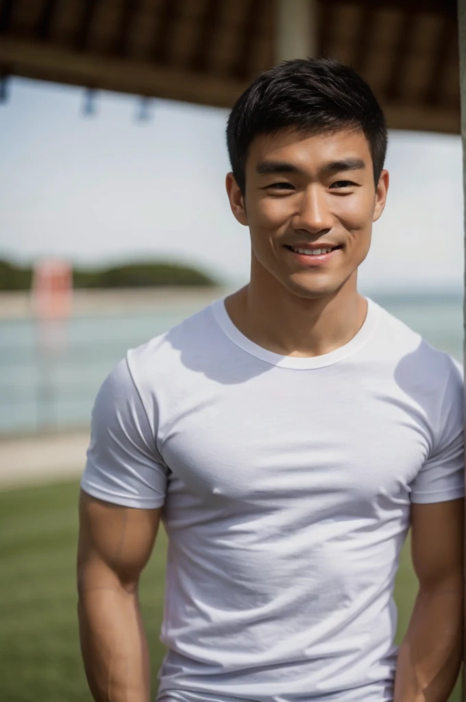 A handsome, muscular young Asian man looks at the camera. In a simple t-shirt white and red , Fieldside, grass, beach, sunlight, Carrying a camera