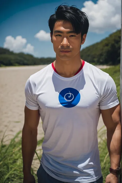 A handsome, muscular young Asian man looks at the camera. In a simple t-shirt white and red , Fieldside, grass, beach, sunlight, Carrying a camera