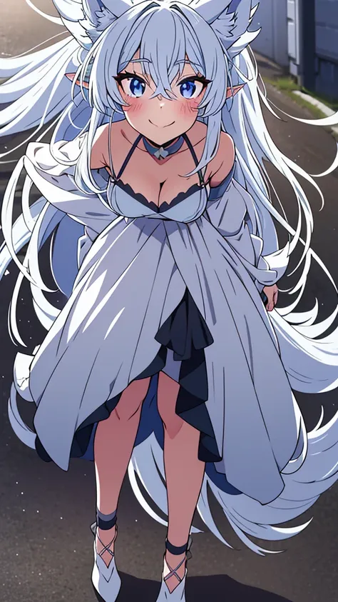 lvl2kara, Fenrys, Fenrisu, long hair, silver hair, light blush, smile, wolf girl, starrystarscloudcolorful, full body, adult, FenrysLv2, grey hair, very long hair, blue eyes, wolf ears, pointy ears, choker, white dress, bare shoulders, black ribbon, cleava...