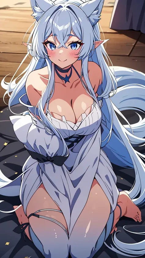 lvl2kara, Fenrys, Fenrisu, long hair, silver hair, light blush, smile, wolf girl, starrystarscloudcolorful, full body, adult, FenrysLv2, grey hair, very long hair, blue eyes, wolf ears, pointy ears, choker, white dress, bare shoulders, black ribbon, cleava...