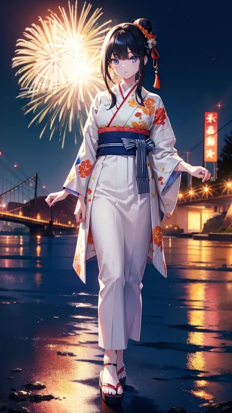 With a good body, Affluent backstreets, Black Hair, blue eyes, Long Hair, orange Scrunchie, Scrunchie, wrist Scrunchie,White Kimono,Sandals,Red lantern,Hair Bun, double  Hair Bun,happy sad face, Open your mouth,Fireworks,The place is a fireworks display、Ti...