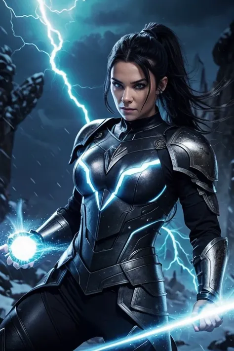  evil beautiful and muscular Nordic female storm giant with blue black hair in a ponytail, older and mature woman, throwing a lightning ball, glowing tattoos, wearing steel runic plate mail Armour , temple cave background with lightning storm, glowing blue...