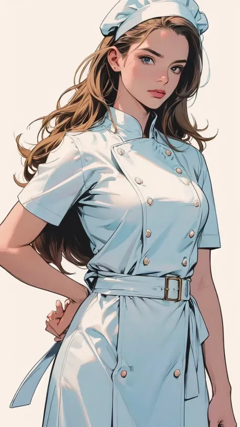 White background, a girl who is a chef, masterpiece,extremely beautiful woman,Excellent sense,(((perfect very white background))),American Comics,(((The Perfect One Woman))),(((one person))),colorful,Highly detailed perfect upper body,highly detailed face,...