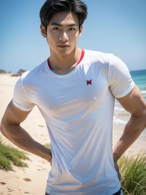 A handsome, muscular young Asian man looks at the camera. In a simple t-shirt white and red , Fieldside, grass, beach, sunlight, Carrying a camera