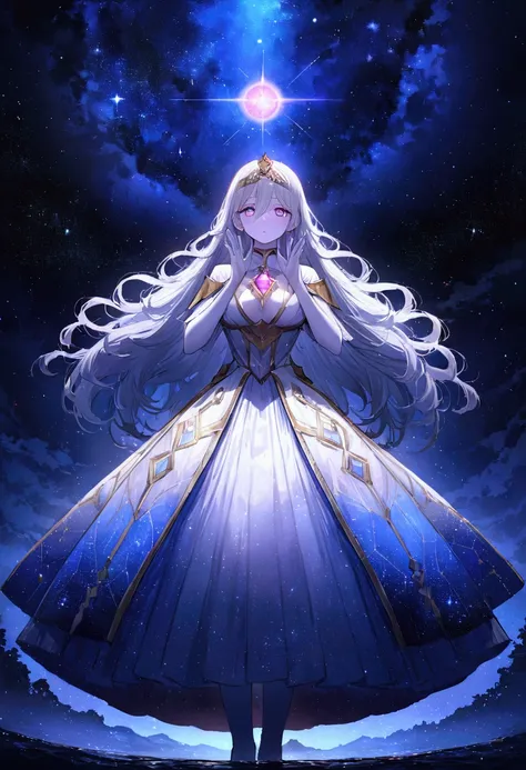 (((Obra maestra, La mejor calidad, ultrahigh resolution))), 1girl, standing, celestial dress, white and silver dress with constellation designs, long silver hair, flowing hair, pale skin, deep violet eyes with silver flecks, ((ultra detailed eyes, beautifu...