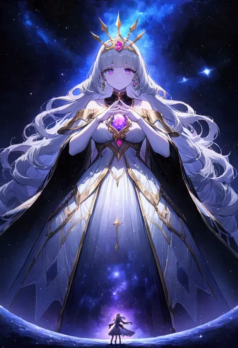 (((Obra maestra, La mejor calidad, ultrahigh resolution))), 1girl, standing, celestial dress, white and silver dress with constellation designs, long silver hair, flowing hair, pale skin, deep violet eyes with silver flecks, ((ultra detailed eyes, beautifu...