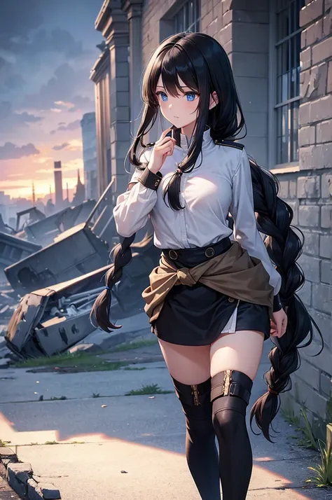 ((masterpiece)), (bestquality), ((ultra-detailed)), depth of field, (dynamic angle), (beautiful detailed blue eyes), 1woman, ((full body portrait)),((voluminous long black hair styled into one single long braid down to her waist)), tomboy, Walking through ...