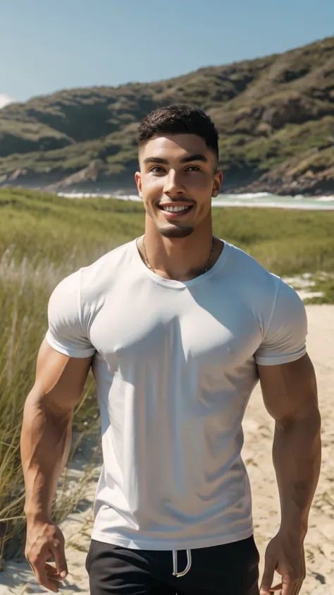 Tony Labrusca, A handsome, muscular young Asian man looks at the camera. In a simple t-shirt white and red , Fieldside, grass, beach, sunlight, Carrying a camera