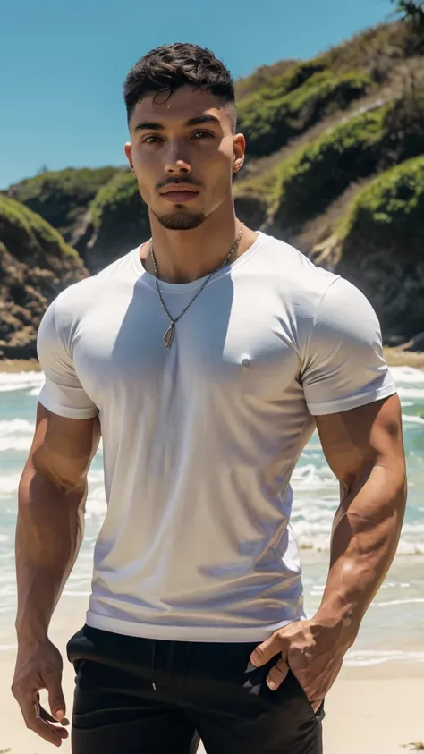 Tony Labrusca, A handsome, muscular young Asian man looks at the camera. In a simple t-shirt white and red , Fieldside, grass, beach, sunlight, Carrying a camera