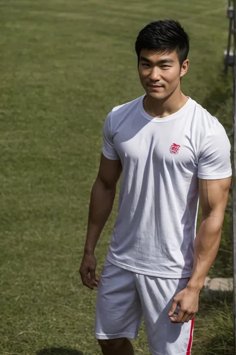 A handsome, muscular young Asian man looks at the camera. In a simple t-shirt white and red , Fieldside, grass, beach, sunlight, Carrying a camera