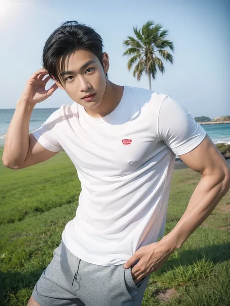 A handsome, muscular young Asian man looks at the camera. In a simple t-shirt white and red , Fieldside, grass, beach, sunlight, Carrying a camera